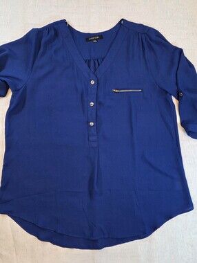 Papaya Royal Blue V-Neck Button-Front Blouse with Zip Pocket